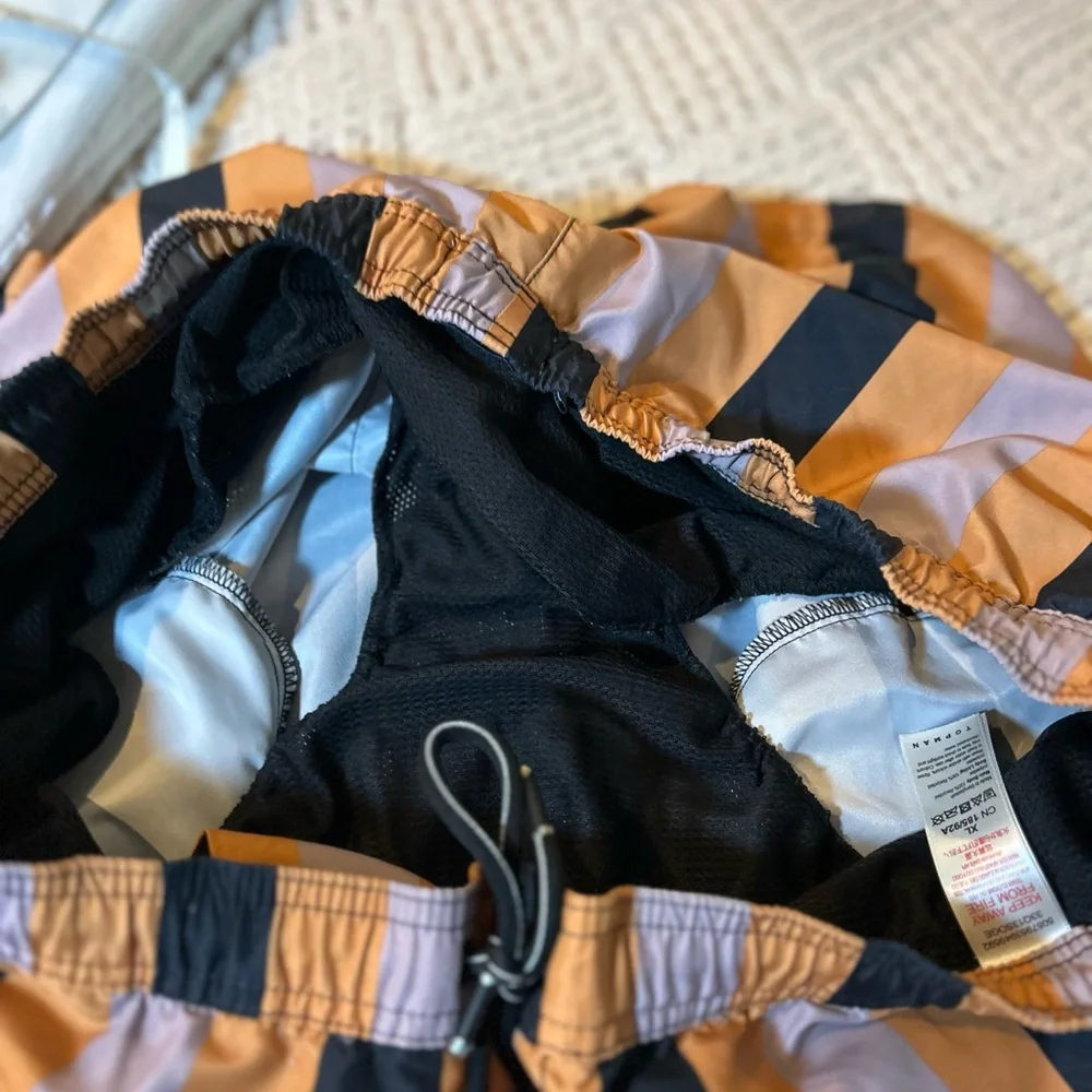 Topman Orange and Black Striped Swim Trunks